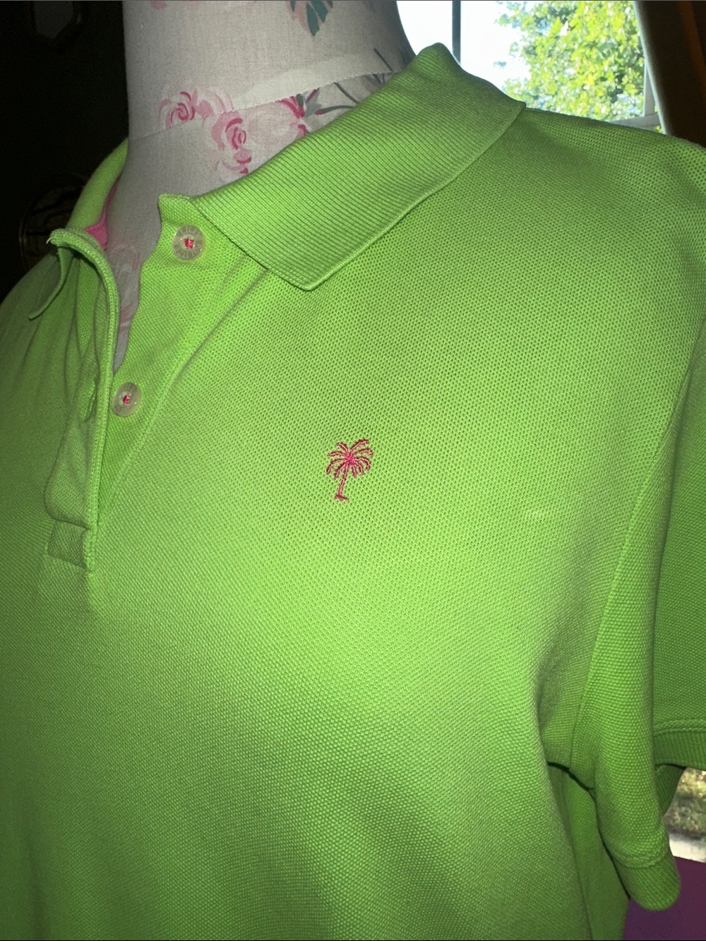 Lilly Pulitzer Bright Green Polo Top with Pink Palm Logo